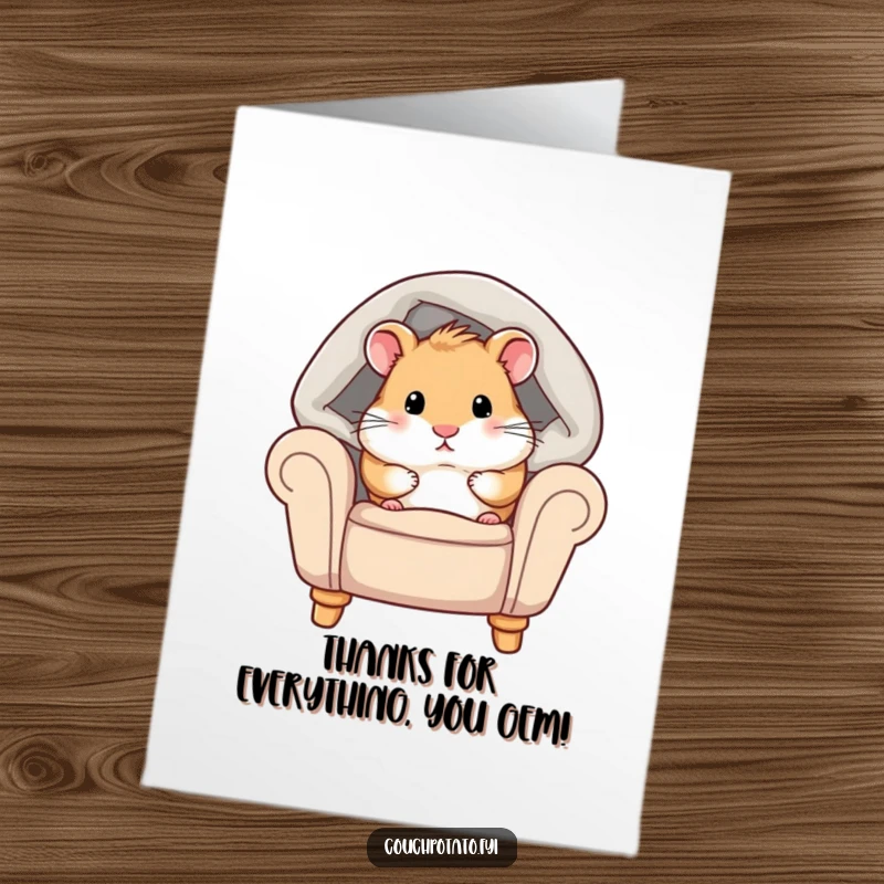 Funny Free Printable Thank You Card: Chubby hamster peeking adorably from under a blanket, expressing thanks heartily.