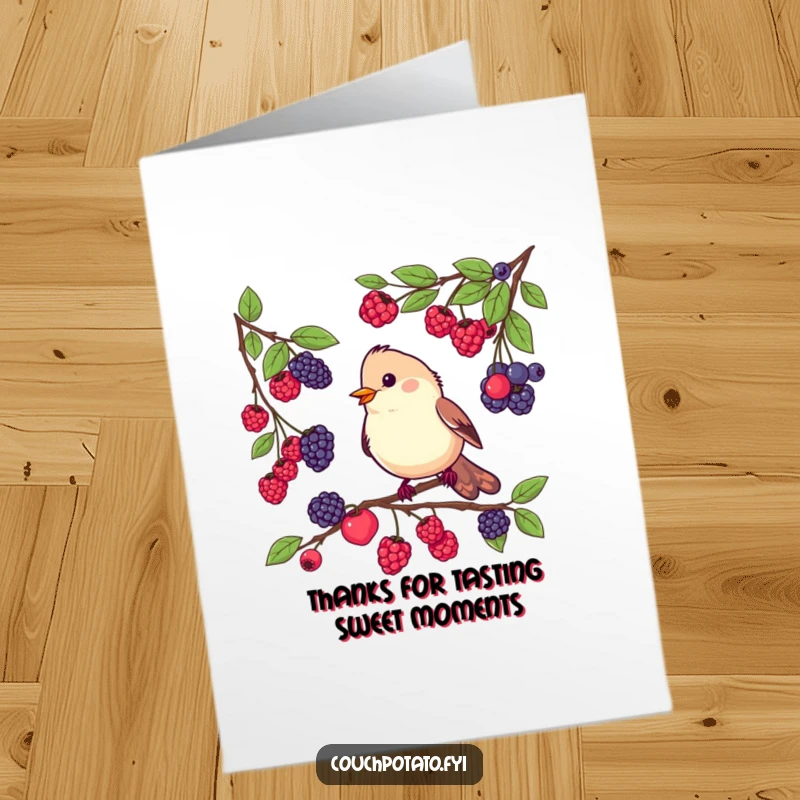 Funny Free Printable Thank You Card: Busy bird sampling different berries, great for a quirky DIY gift.