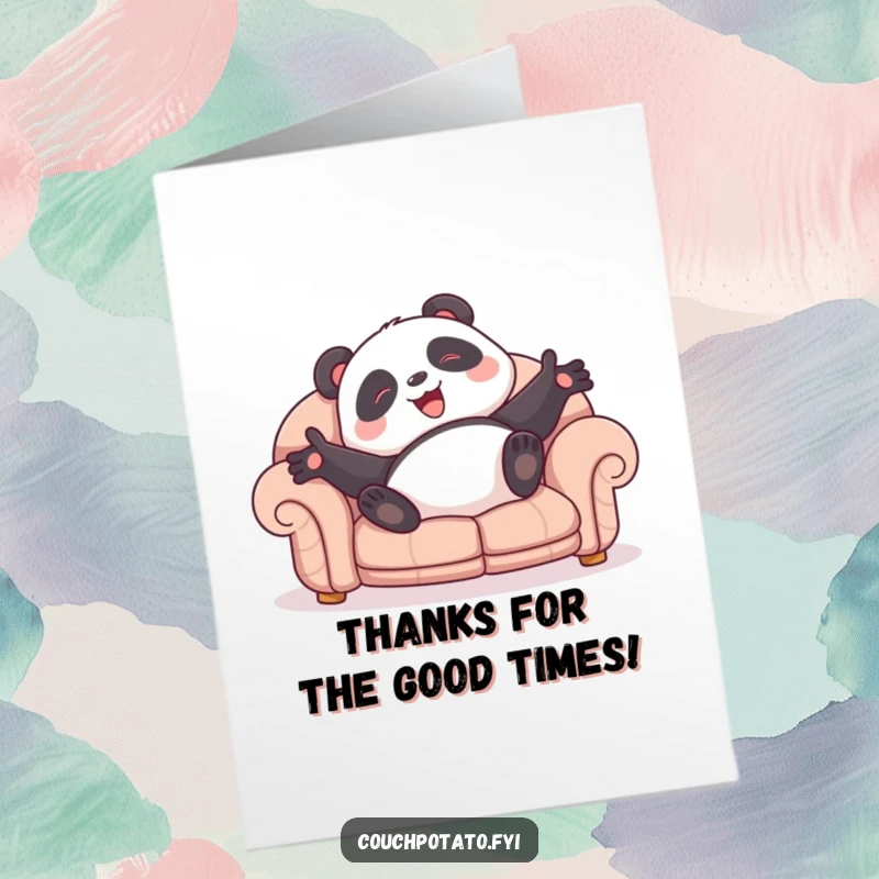 Funny Free Printable Thank You Card: A giggling panda rolls around on a sofa, arms outstretched in a gesture of thanks.