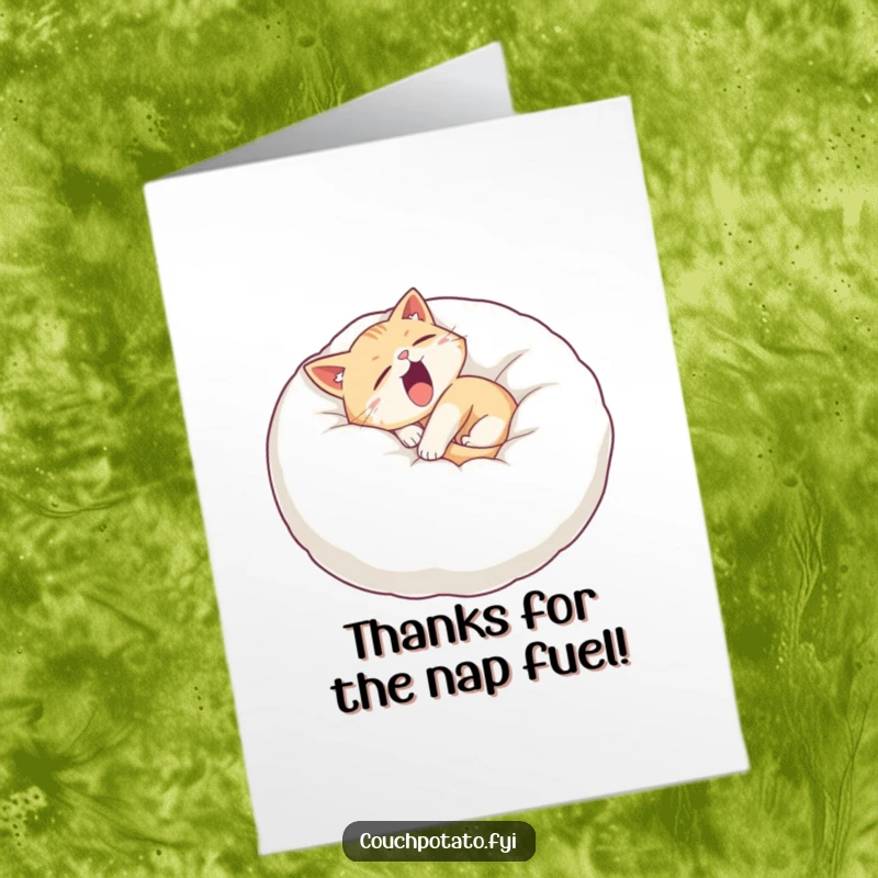 Funny Free Printable Thank You Card: Sleepy cat on a pillow, yawning widely, conveying thanks very casually and humorously.