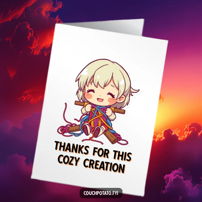 Funny Free Printable Thank You Card: A character happily weaves colorful yarn into a pattern, offering thanks.