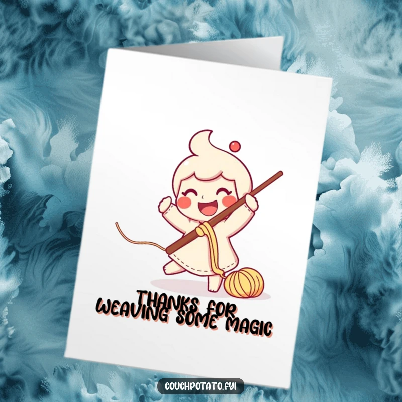 Funny Free Printable Thank You Card: A smiling character swings a crochet hook, yarn trailing, saying thanks.