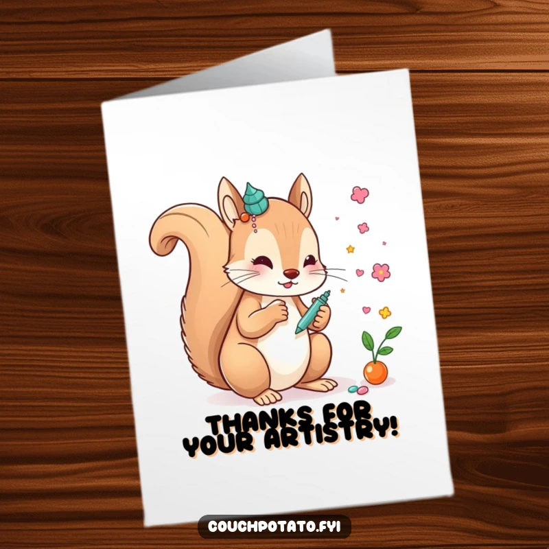 Funny free printable thank you card where a creative squirrel character is carefully gluing decorative pieces onto a unique and whimsical artwork.