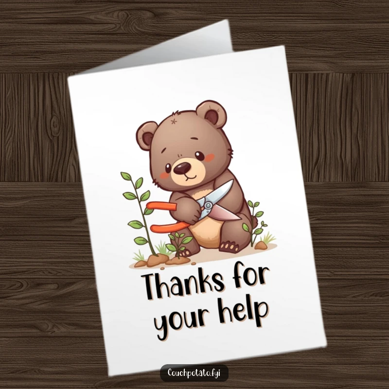 Free Printable Bear Cub Thank You Card showing a determined cub tending to a small bush with shears, symbolizing thoughtful care.