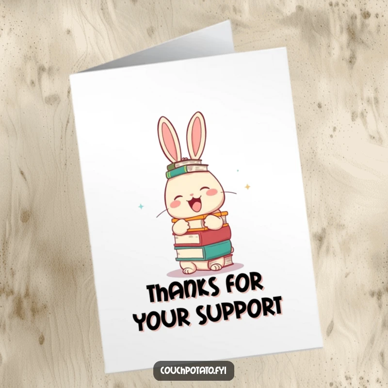 Funny Free Printable Thank You Card: A giggling rabbit balancing books precariously, offering a humorous thank you.