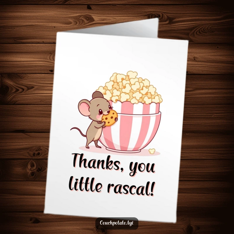 Funny Free Printable Thank You Card: a mischievous mouse pilfers a cookie from a giant popcorn bowl.