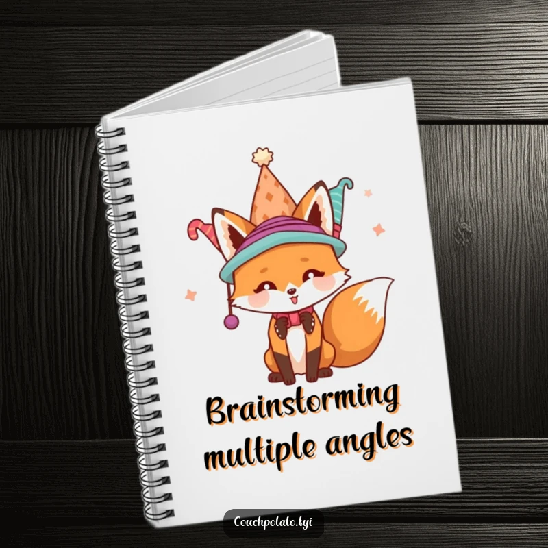 Funny playful fox with multiple hats on its head, featured on a notebook cover, ready for humorous writing.