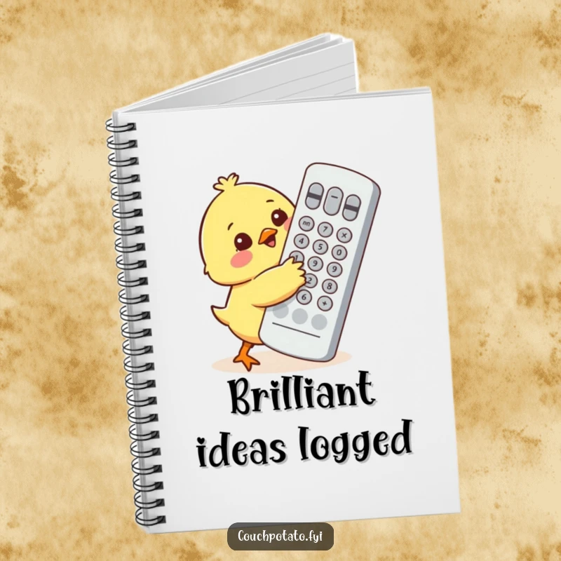 Funny cute chick character adorably attempting to hug an oversized television remote control on a spiral-bound notebook.