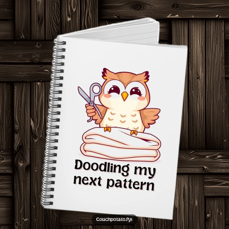 Funny joyful owl holding scissors above neatly folded fabric, ideal for writing sewing notes in this funny notebook.