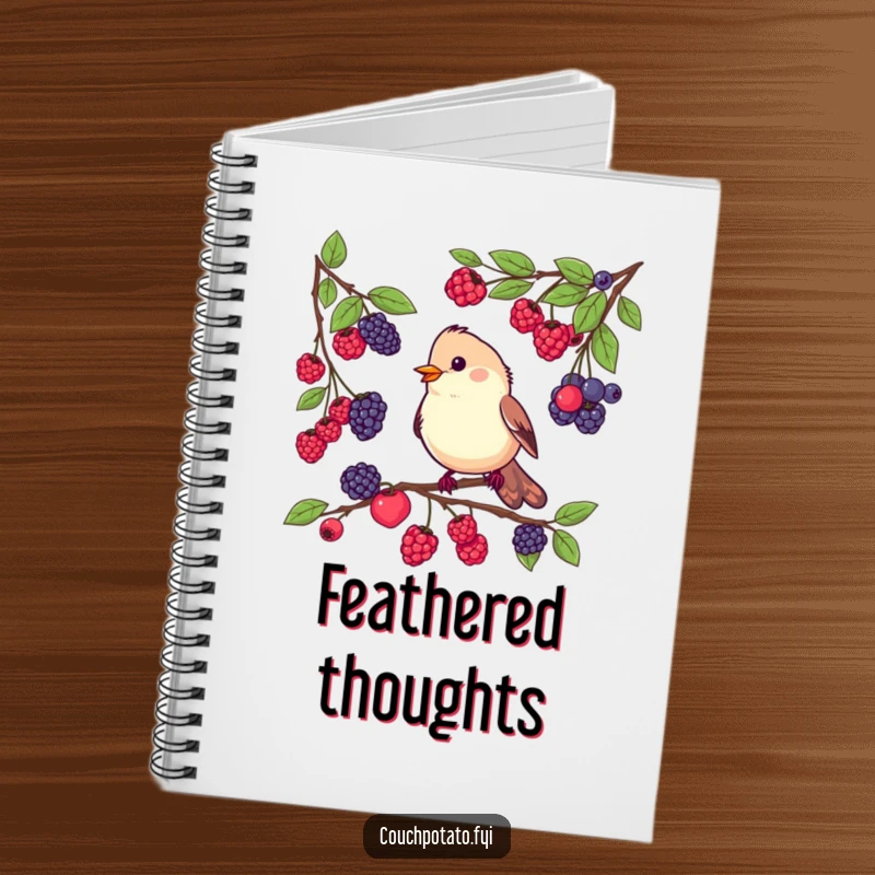 Funny notebook cover featuring a busy bird tasting berries from various branches, inspiring creativity and organization with its delightful foraging.