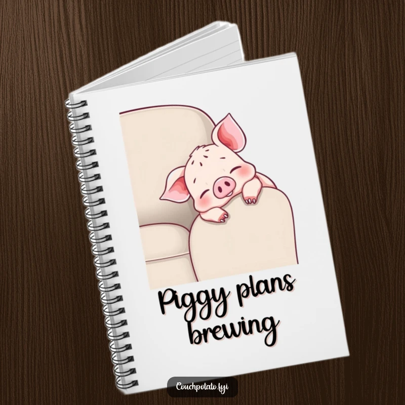 Funny cheerful piglet notebook cover with a piglet draped over a couch armrest, wiggling toes, ideal for notes and ideas.