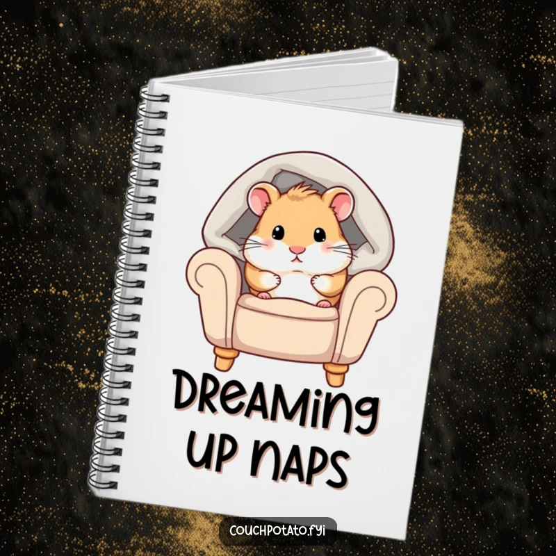 Funny hamster notebook cover with a chubby hamster peeking from under a cozy blanket on an armchair, perfect for notes and creativity.
