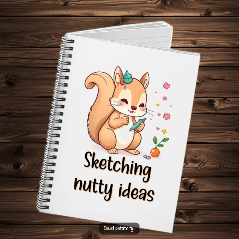 Funny creative squirrel gluing elements onto a whimsical art piece, perfect for writing creative thoughts in this funny notebook.