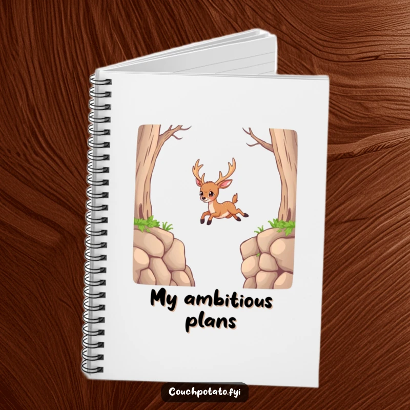 Funny Deer Notebook: A determined deer attempts an impossible jump, inspiring bold plans and note-taking.