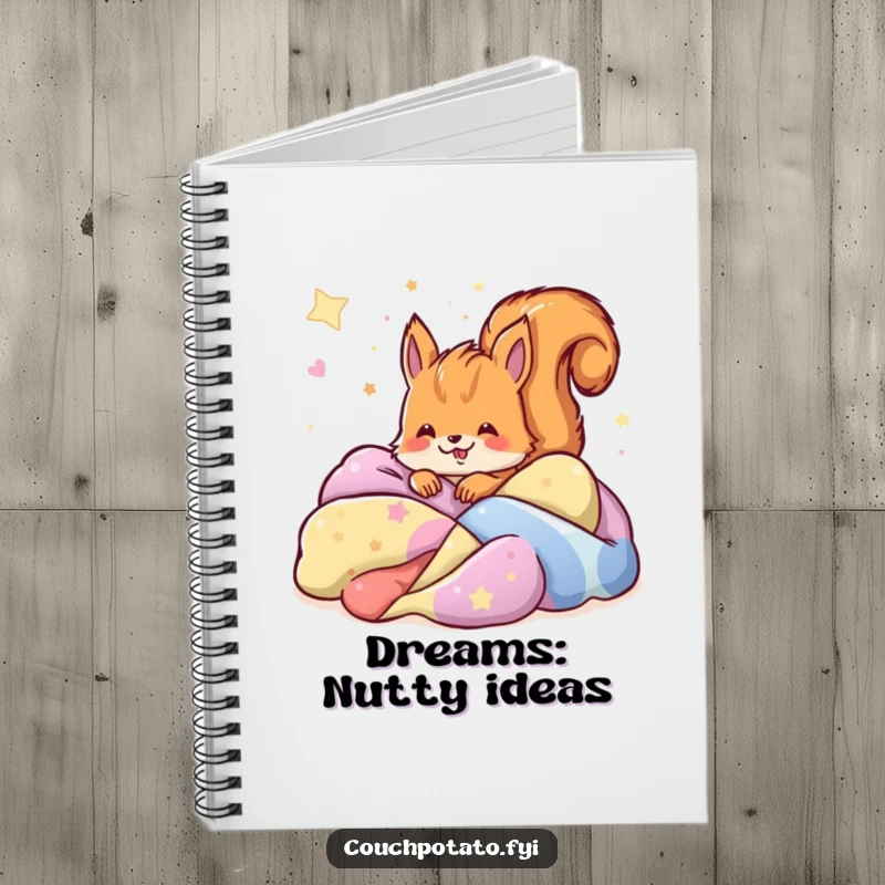 Funny squirrel buried in colorful blankets dreaming, designed on the cover of a notebook.