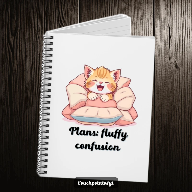 Funny Giggling Kitten Notebook with a cute kitten tumbling headfirst into soft cushions, ideal for playful note-taking.