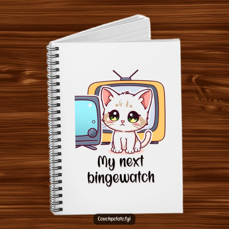 Funny kitten with wide, staring eyes captivated by a television screen, presented on a notebook cover for jotting down funny notes.