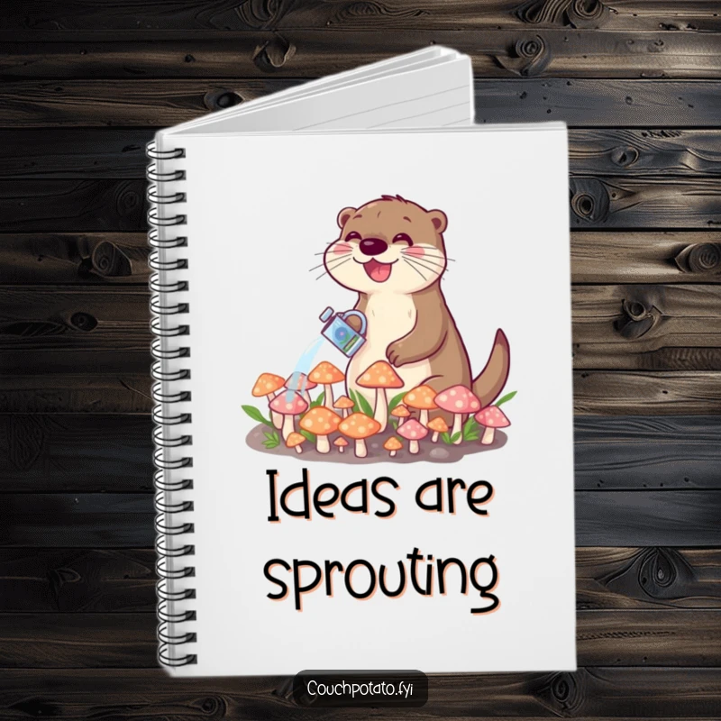 Funny notebook cover with a happy otter watering a patch of tiny, colorful mushrooms, perfect for creative notes and sketches.