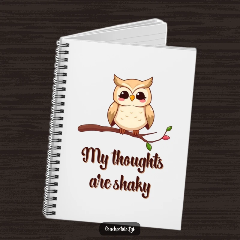 Funny owl notebook with a smiling bird humorously balancing on a thin branch, inspiring notes and creative thoughts.