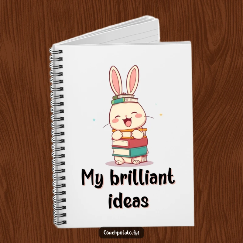 Funny giggling rabbit balancing a stack of books on its head, featured on a notebook cover, ready for humorous study notes.