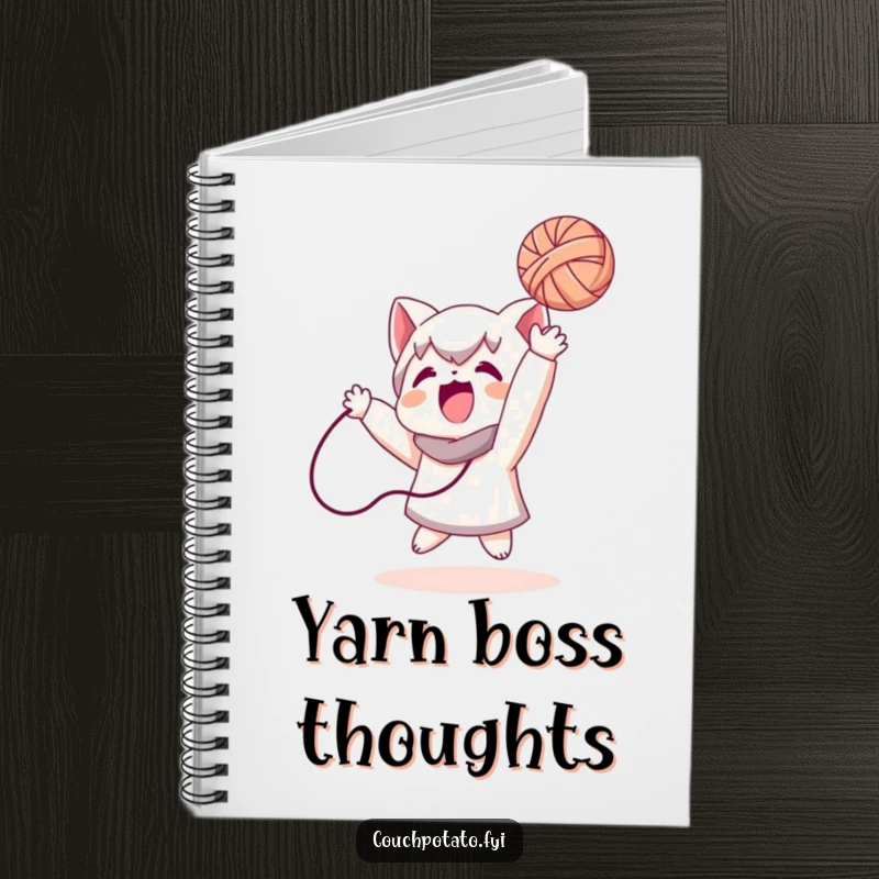Funny notebook with a cover depicting a character joyfully tossing a ball of yarn, ideal for jotting down notes with a smile.