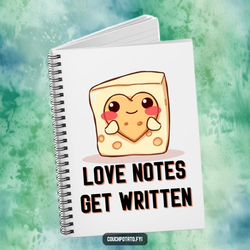 Funny blushing cream cheese block offering a heart cookie, on the cover of a notebook for writing loving messages.