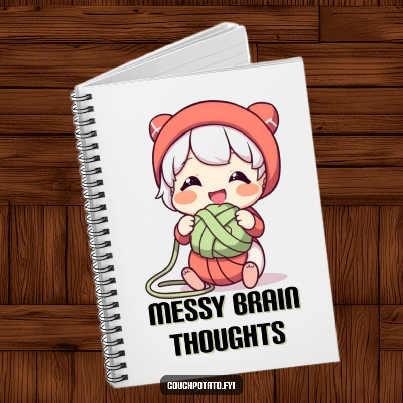 Funny notebook cover with a character smiling while playfully untangling a knot of yarn, ideal for planning craft projects.