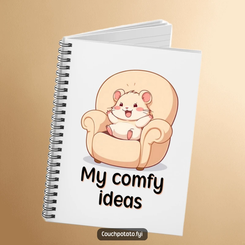 Funny hamster happily rolling in a giant, plush armchair, presented on a notebook cover for jotting down funny notes.