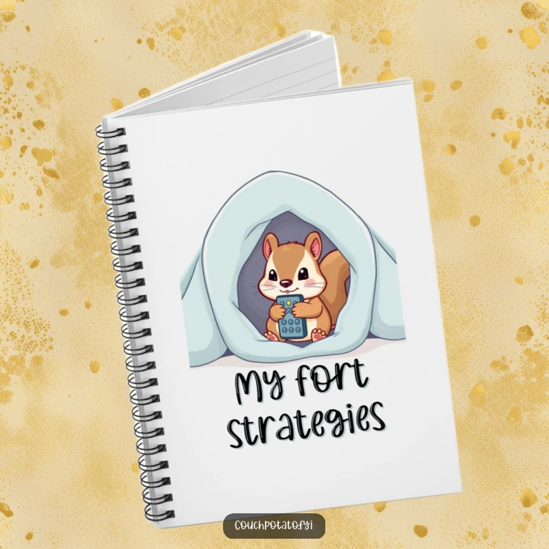 Funny curious squirrel peeking from blanket fort, clutching remote control, a useful and humorous notebook.