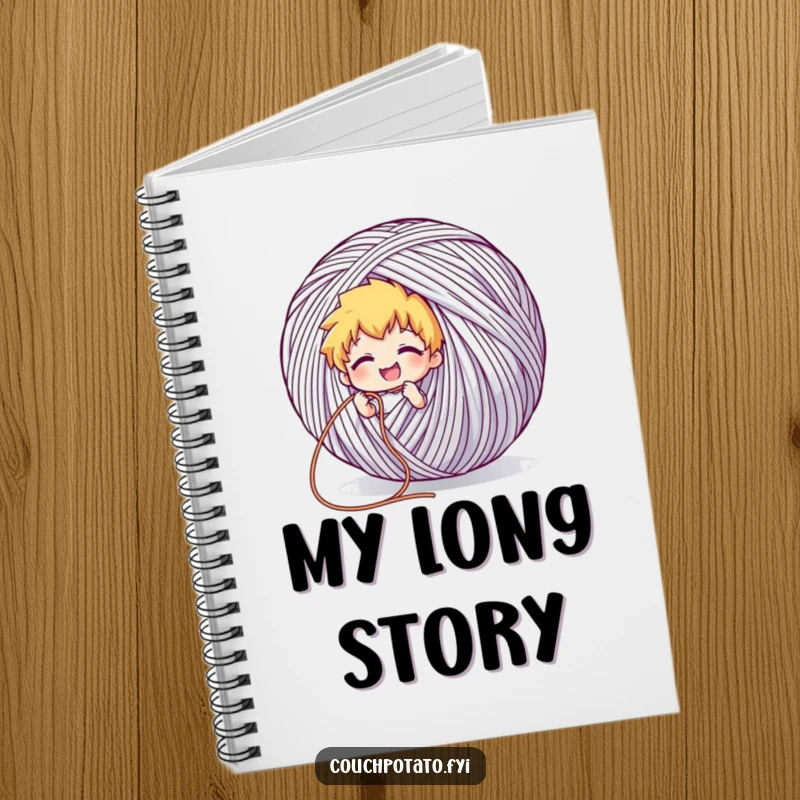 Funny notebook featuring a character grinning while pulling a long thread from a giant ball of yarn, perfect for planning big projects.