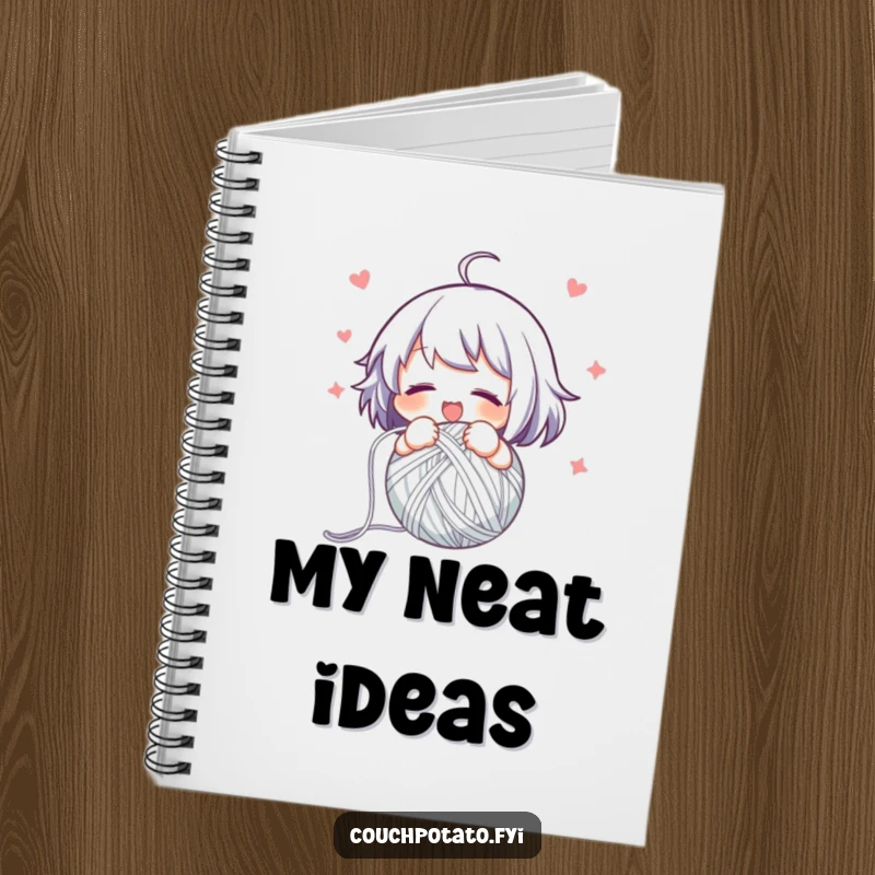 Funny notebook featuring a character swiftly and happily winding yarn into a neat ball, perfect for planning projects.