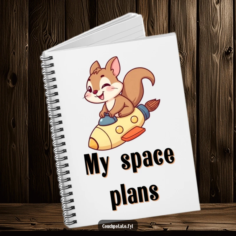 Funny squirrel rocket notebook featuring a grinning squirrel riding a rocket ship, perfect for capturing ideas.