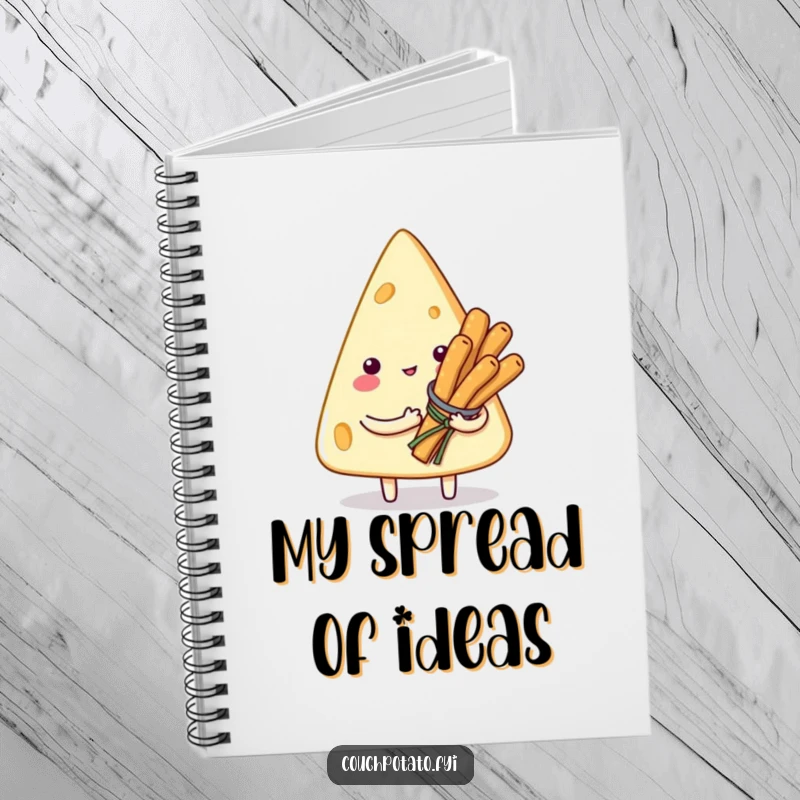 Funny notebook cover with a smitten cream cheese character offering breadsticks, perfect for jotting down notes with a humorous flair.
