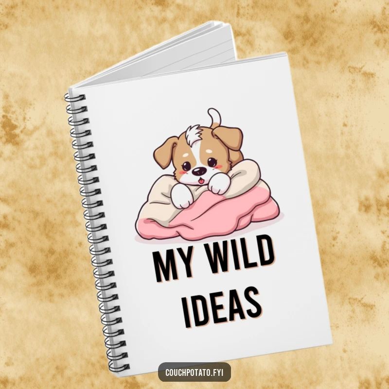 Funny energetic puppy tumbling headfirst into blankets, tail wagging furiously, a cheerful and practical notebook.