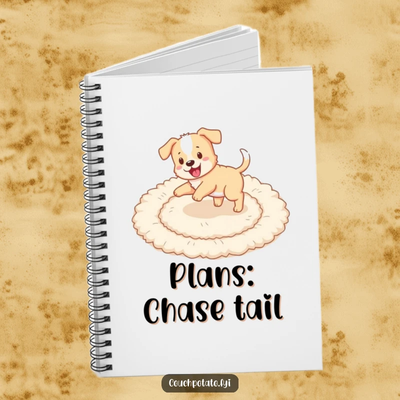 Funny puppy chasing its tail in circles on a fluffy rug, designed on the cover of a notebook.