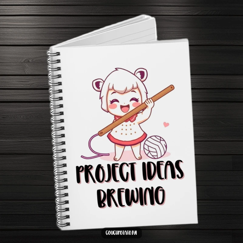 Funny notebook featuring an energetic crocheter swinging a large crochet hook with trailing yarn, perfect for capturing creative ideas.