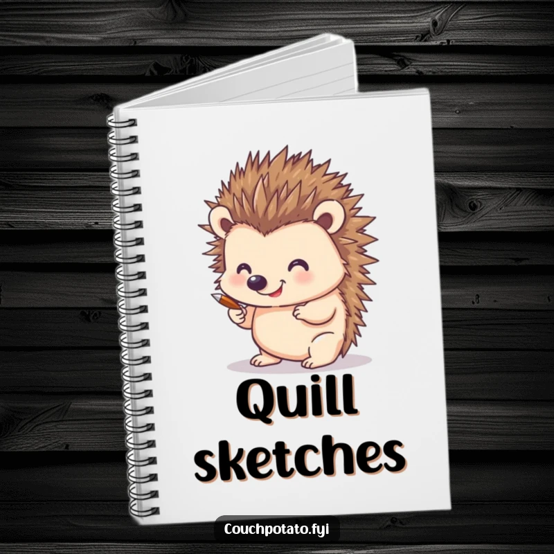 Funny notebook cover featuring a smiling hedgehog using its quills to draw, inspiring creativity and organization with its unique artistic method.