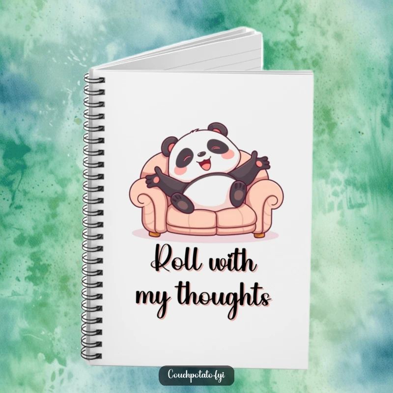 Funny panda notebook featuring a giggling character rolling on a sofa, ideal for jotting down happy thoughts and plans.