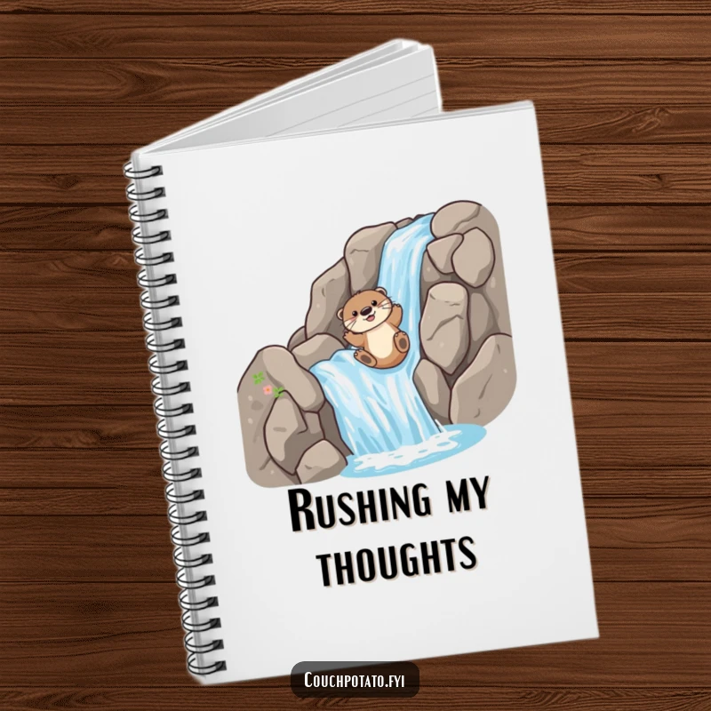 Funny Notebook: A playful otter slides down a rocky waterfall, encouraging humorous and adventurous note-taking.