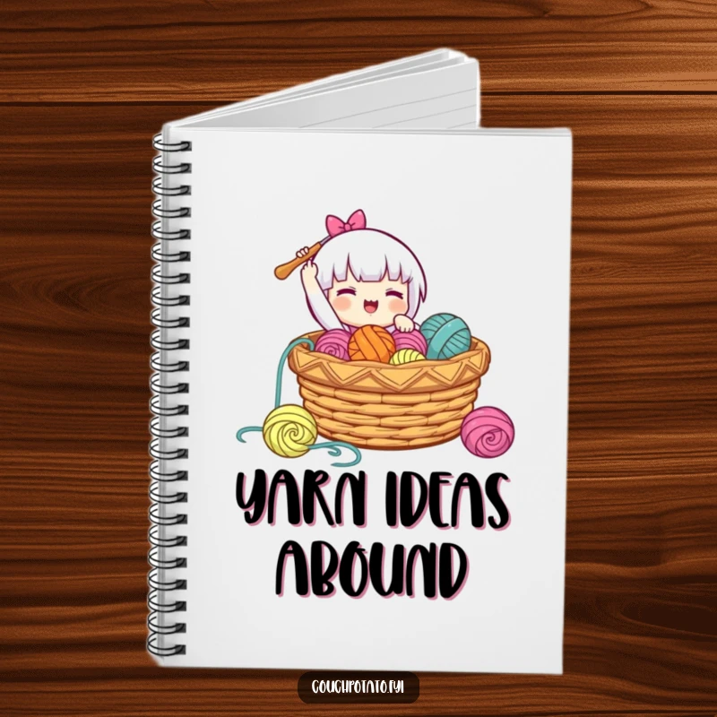 Funny notebook cover with a character gleefully dropping a crochet hook into a basket of yarn, ideal for crochet planning.