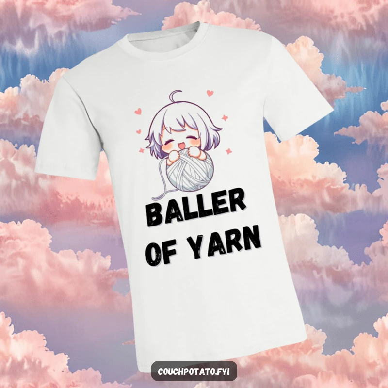 Funny t-shirt graphic of a character swiftly and excitedly winding yarn into a neat ball, representing efficient crafting.