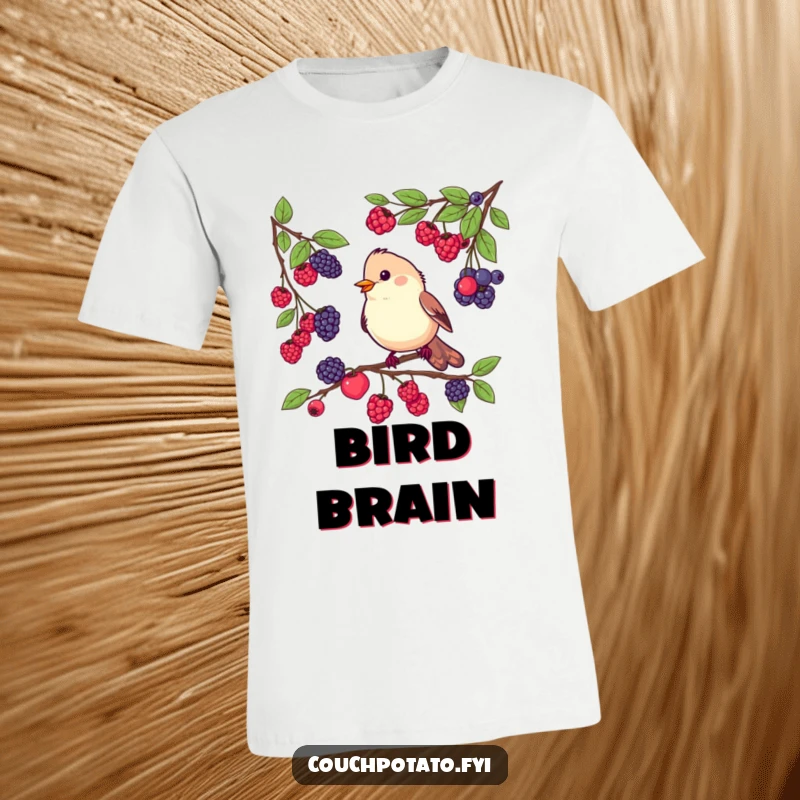 Funny T-shirt featuring a busy bird perched on a branch, sampling various berries with a look of keen culinary interest and enjoyment.