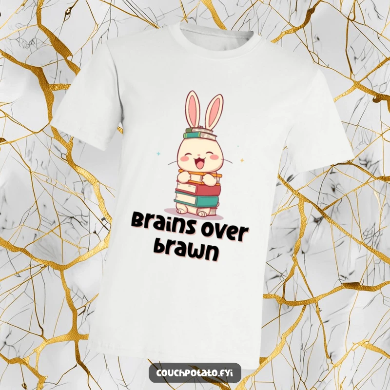 Funny giggling rabbit balancing a precarious stack of books on its head, printed on a t-shirt, showcasing intellectual humor.