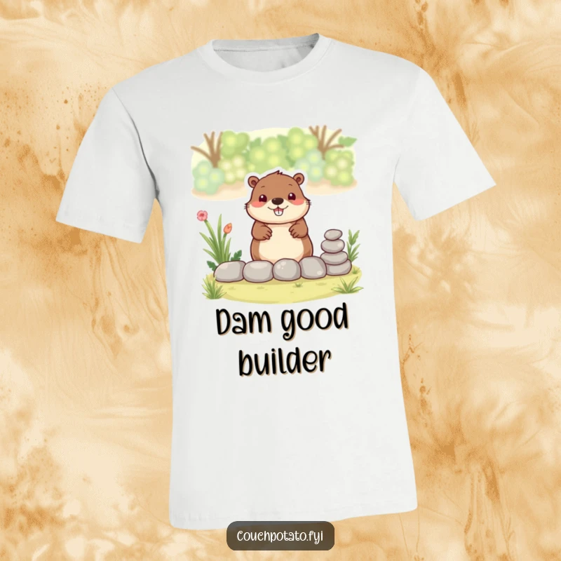 Funny beaver t-shirt, a smiling beaver is shown stacking small stones to create a garden border with enthusiasm.