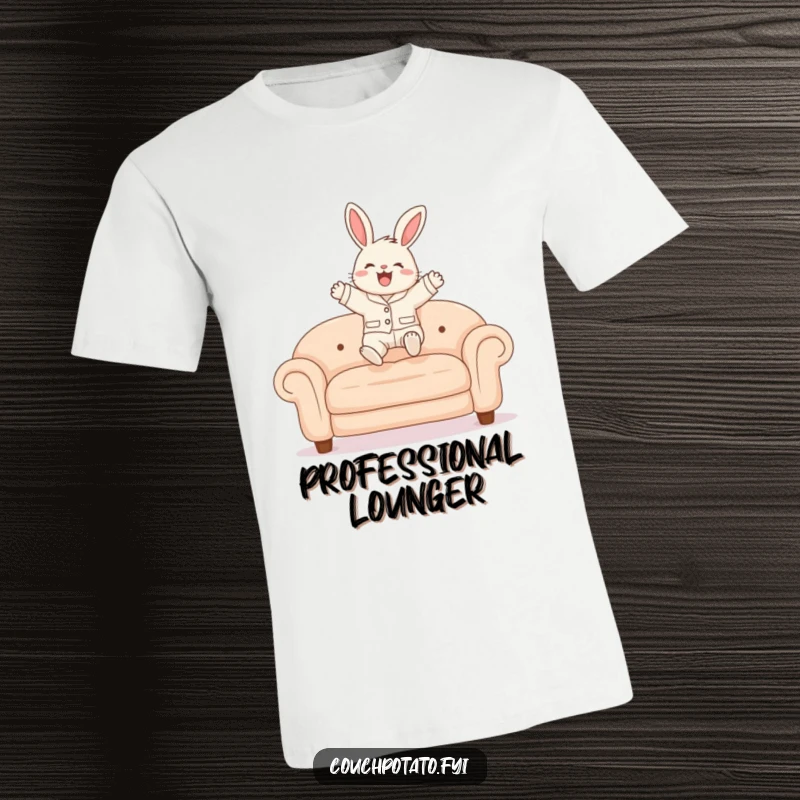 Funny Bunny Pajama T-Shirt showing a fluffy bunny in pajamas joyfully leaping onto a plush sofa, embodying pure happiness.