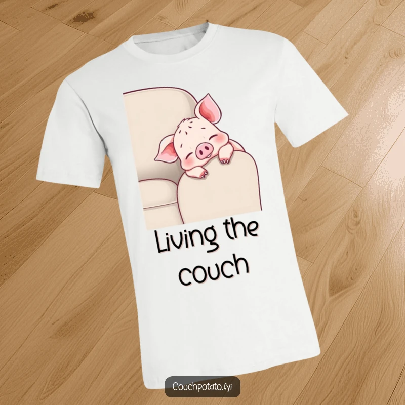 Funny cheerful piglet t-shirt with a piglet draped over a couch armrest, wiggling toes, celebrating ultimate relaxation and comfort.