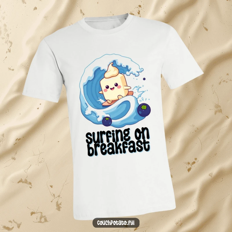 Funny cream cheese character riding a blueberry wave like a surfboard on a cool graphic t-shirt.