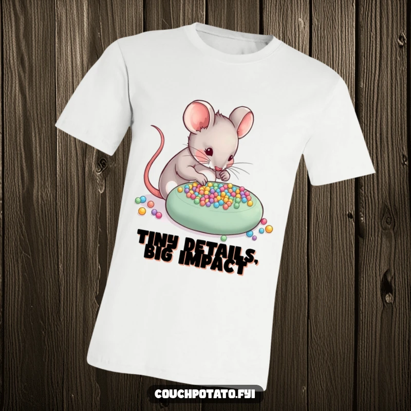 Funny Mouse Craft T-Shirt: A skilled mouse is shown carefully arranging tiny beads onto a project, highlighting its attention to detail.