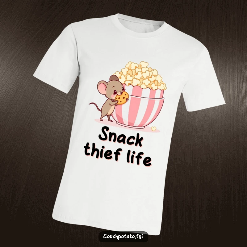 Funny tiny mouse with a mischievous grin stealing a cookie from a huge popcorn bowl, a hilarious graphic t-shirt.