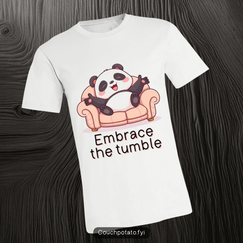 Funny panda t-shirt depicting a giggling character rolling exuberantly on a sofa, arms outstretched in sheer delight.